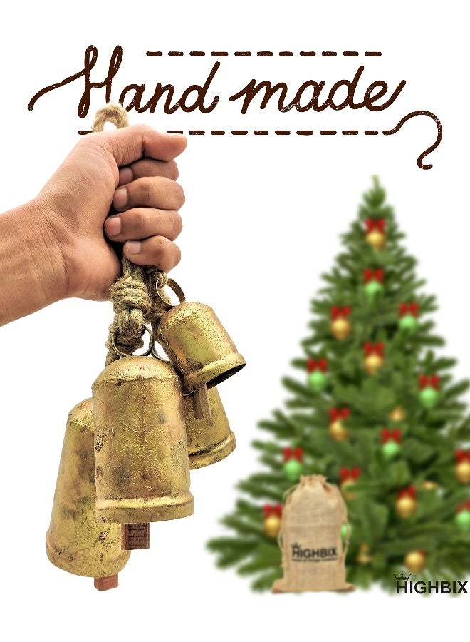 HIGHBIX Rustic Christmas Hanging Bells - Handmade Iron Bell Set on Jute Rope - Vintage Shabby Chic Door & Wall Decor - HIGHBIX Farmhouse Holiday Decoration (4) - Image 3